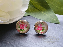 Load image into Gallery viewer, Ivory/Pink Floral Print Stud Earring - Vintage Style - Glass Photo Cabochon - Silver Plated - Hypoallergenic - 12mm Diameter (0.47 Inches)
