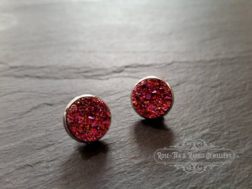 Metallic Pink Faux Druzy Stud Earrings - 12mm(0.47 Inches) - Silver Plated - Pierced Ear - All Occasion Style - On Trend Contemporary Design