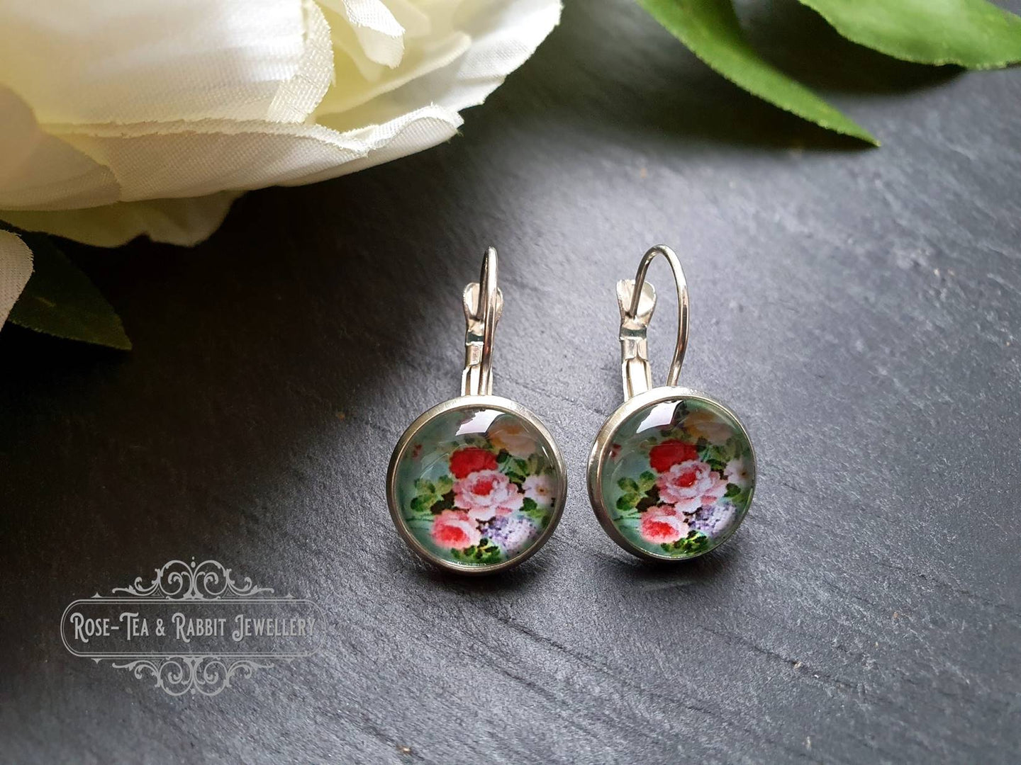 Mint Green Floral Glass Cabochon Drop Earrings - 1.2cm Diameter/2.5cm Drop Length - Silver Plated Base - Lead/Nickle Free - Pretty & Dainty