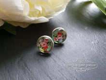 Load image into Gallery viewer, Mint Green Floral Glass Cabochon Earring Studs - 12mm Diameter - Silver Plated Base - Lead/Nickle Free - Pretty and Dainty
