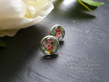 Load image into Gallery viewer, Mint Green Floral Glass Cabochon Earring Studs - 12mm Diameter - Silver Plated Base - Lead/Nickle Free - Pretty and Dainty
