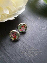 Load image into Gallery viewer, Mint Green Floral Glass Cabochon Earring Studs - 12mm Diameter - Silver Plated Base - Lead/Nickle Free - Pretty and Dainty
