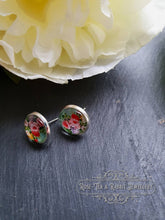 Load image into Gallery viewer, Mint Green Floral Glass Cabochon Earring Studs - 12mm Diameter - Silver Plated Base - Lead/Nickle Free - Pretty and Dainty
