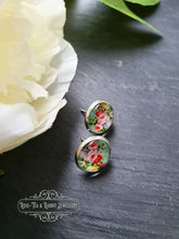 Load image into Gallery viewer, Mint Green Floral Glass Cabochon Earring Studs - 12mm Diameter - Silver Plated Base - Lead/Nickle Free - Pretty and Dainty
