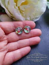 Load image into Gallery viewer, Mint Green Floral Glass Cabochon Earring Studs - 12mm Diameter - Silver Plated Base - Lead/Nickle Free - Pretty and Dainty
