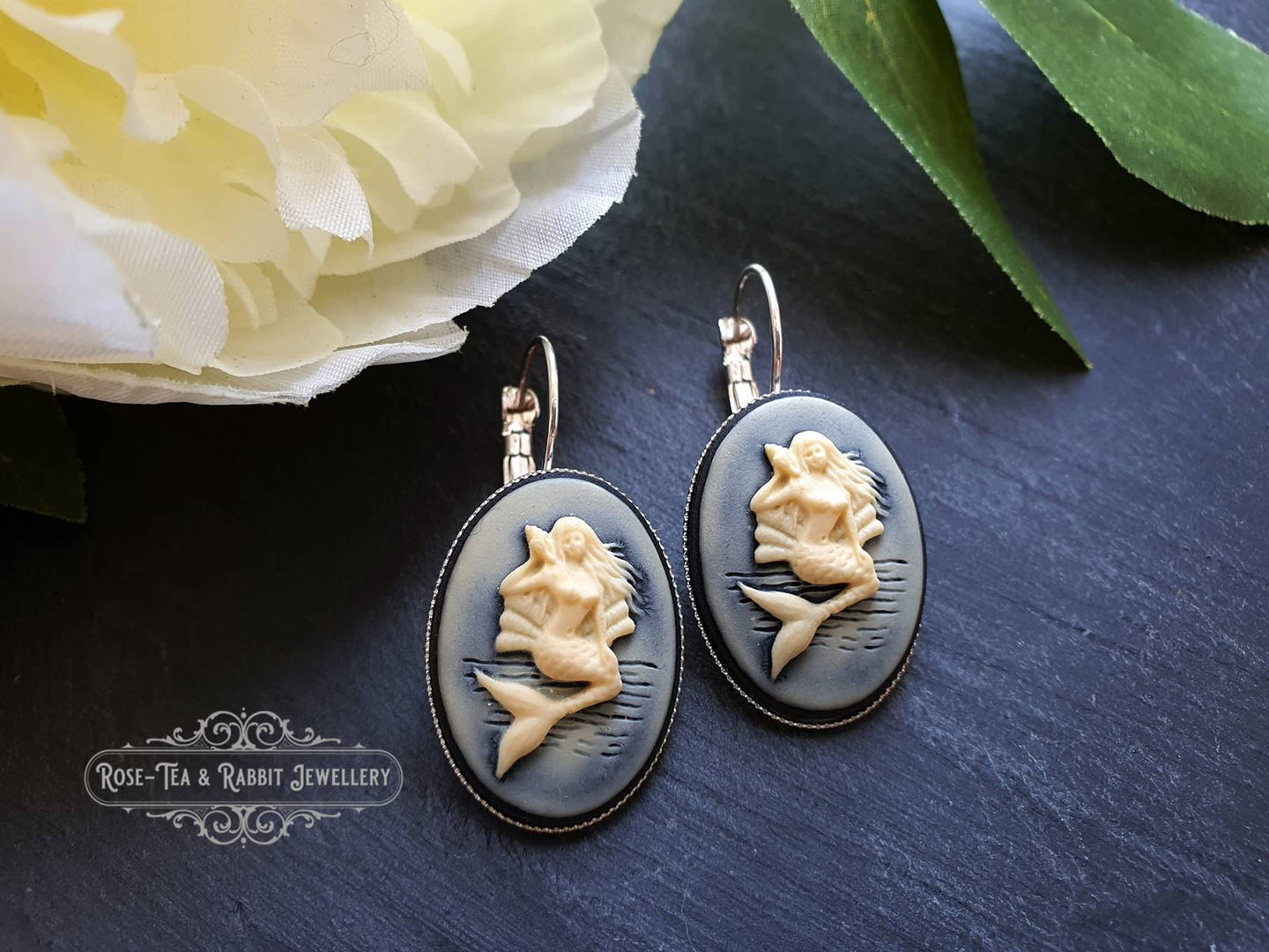 Mythical Mermaid Resin Cameo Drop/Dangle Earrings - 3.7cmx1.9cm (1.45 x 0.74 Inches) - Silver Plated Base - French Leverback Closure - Retro