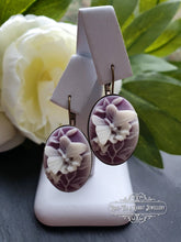 Load image into Gallery viewer, Purple and White Butterfly Cameo - Drop/Dangle Earrings - Antiqued Bronze Base - Vintage Inspired - 3.7cm x 1.9cm (1.45 x 0.74 Inches)
