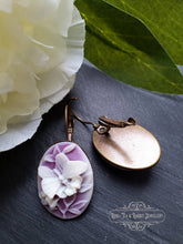 Load image into Gallery viewer, Purple and White Butterfly Cameo - Drop/Dangle Earrings - Antiqued Bronze Base - Vintage Inspired - 3.7cm x 1.9cm (1.45 x 0.74 Inches)
