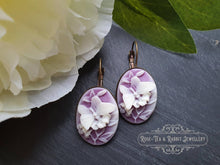 Load image into Gallery viewer, Purple and White Butterfly Cameo - Drop/Dangle Earrings - Antiqued Bronze Base - Vintage Inspired - 3.7cm x 1.9cm (1.45 x 0.74 Inches)
