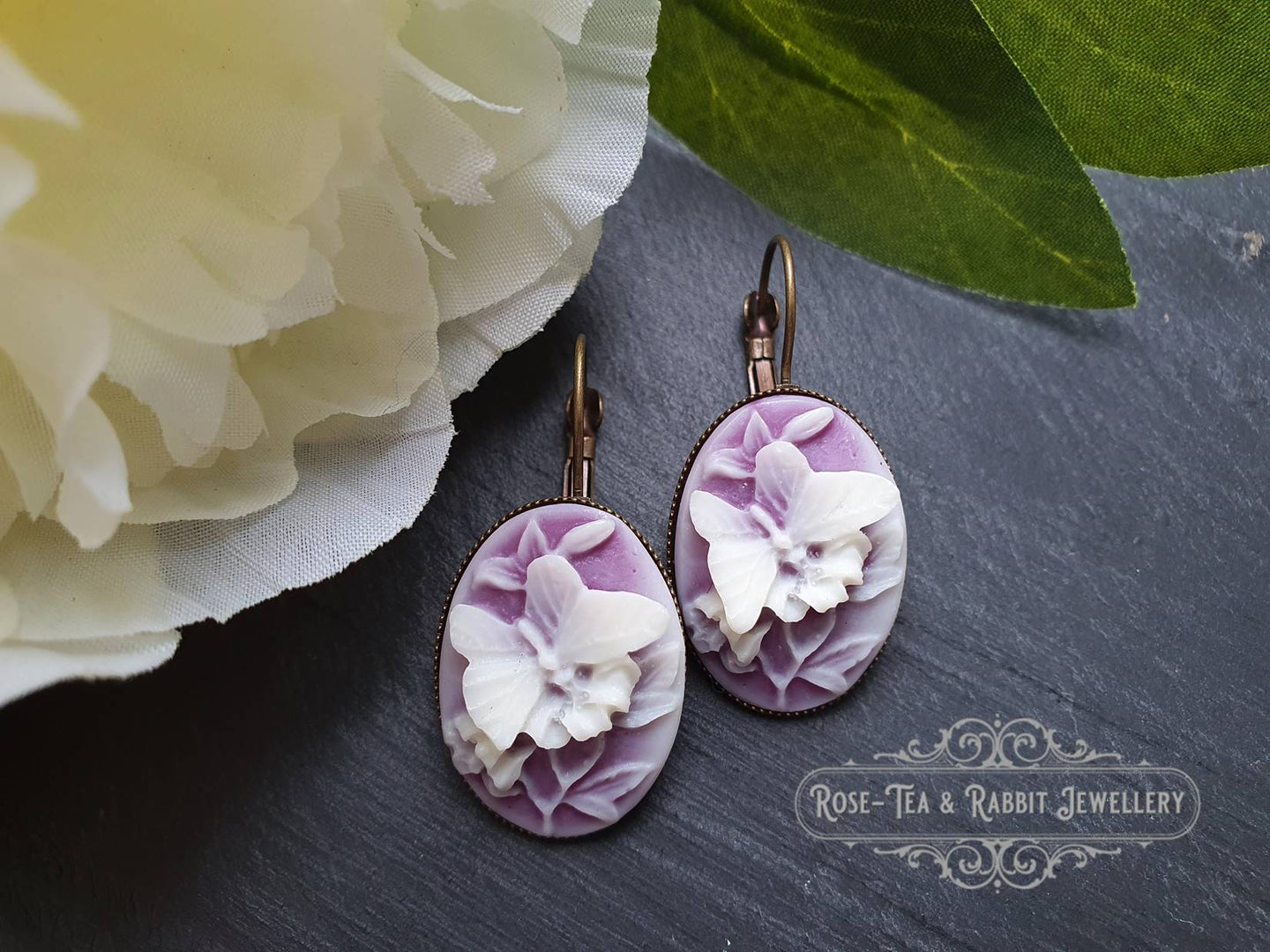 Purple and White Butterfly Cameo - Drop/Dangle Earrings - Antiqued Bronze Base - Vintage Inspired - 3.7cm x 1.9cm (1.45 x 0.74 Inches)