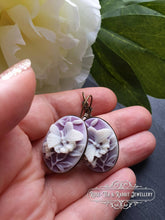 Load image into Gallery viewer, Purple and White Butterfly Cameo - Drop/Dangle Earrings - Antiqued Bronze Base - Vintage Inspired - 3.7cm x 1.9cm (1.45 x 0.74 Inches)
