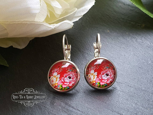 Scarlet Red Floral Glass Cabochon Drop Earrings - 1.2cm Diameter - Silver Plated Base - Lead/Nickle Free - Pretty & Dainty - Leverback Clasp