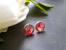 Load image into Gallery viewer, Scarlet Red Floral Glass Cabochon Stud Earrings - 12mm Diameter - Silver Plated - Lead/Nickle Free - Pretty &amp; Dainty - Butterfly Closure
