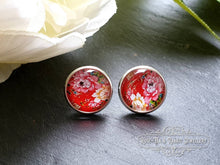 Load image into Gallery viewer, Scarlet Red Floral Glass Cabochon Stud Earrings - 12mm Diameter - Silver Plated - Lead/Nickle Free - Pretty &amp; Dainty - Butterfly Closure
