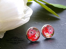 Load image into Gallery viewer, Scarlet Red Floral Glass Cabochon Stud Earrings - 12mm Diameter - Silver Plated - Lead/Nickle Free - Pretty &amp; Dainty - Butterfly Closure
