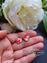 Load image into Gallery viewer, Scarlet Red Floral Glass Cabochon Stud Earrings - 12mm Diameter - Silver Plated - Lead/Nickle Free - Pretty &amp; Dainty - Butterfly Closure
