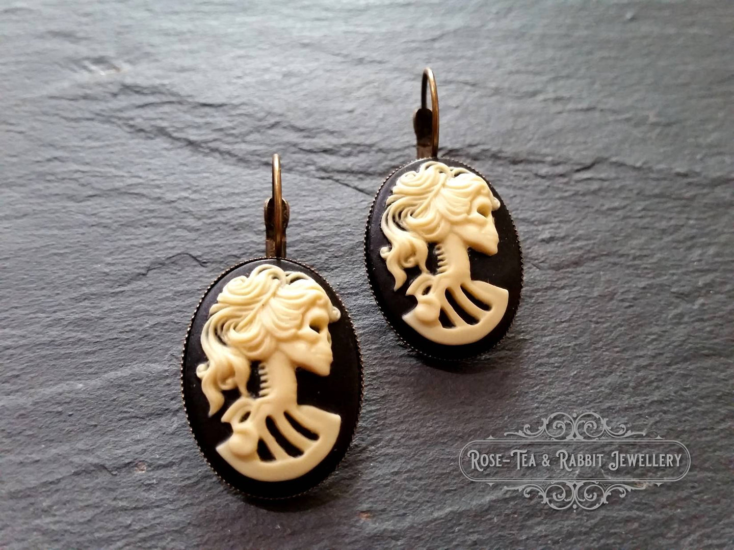 Skeleton Lady Cameo Drop Earrings - 3.7x1.9cm(1.45 x 0.74 Inches) - Black and Ivory Tones - Antiqued Bronze Tone Base - Lever Back Closure