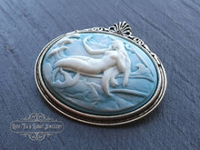 Load image into Gallery viewer, Mermaid Cameo Brooch - 4x4.5cm (1.57x1.77 Inches) - White Relief on Pale Blue Background - Antiqued Silvertone Base - Modern Vintage Style
