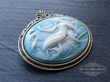 Load image into Gallery viewer, Mermaid Cameo Brooch - 4x4.5cm (1.57x1.77 Inches) - White Relief on Pale Blue Background - Antiqued Silvertone Base - Modern Vintage Style
