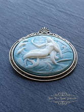 Load image into Gallery viewer, Mermaid Cameo Brooch - 4x4.5cm (1.57x1.77 Inches) - White Relief on Pale Blue Background - Antiqued Silvertone Base - Modern Vintage Style
