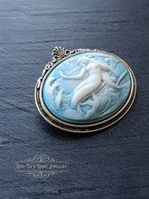 Load image into Gallery viewer, Mermaid Cameo Brooch - 4x4.5cm (1.57x1.77 Inches) - White Relief on Pale Blue Background - Antiqued Silvertone Base - Modern Vintage Style
