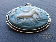 Load image into Gallery viewer, Mermaid Cameo Brooch - 4x4.5cm (1.57x1.77 Inches) - White Relief on Pale Blue Background - Antiqued Silvertone Base - Modern Vintage Style
