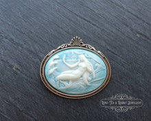 Load image into Gallery viewer, Mermaid Cameo Brooch - 4x4.5cm (1.57x1.77 Inches) - White Relief on Pale Blue Background - Antiqued Silvertone Base - Modern Vintage Style
