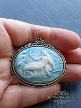 Load image into Gallery viewer, Mermaid Cameo Brooch - 4x4.5cm (1.57x1.77 Inches) - White Relief on Pale Blue Background - Antiqued Silvertone Base - Modern Vintage Style
