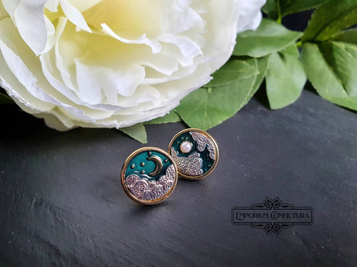 Goldtone Earring Studs - Moon In Two Phases Design - Dark Teal Enamel & Pearlescent Cabochon Detail - Earring Diameter: 1.5cm / 15mm / 0.59 Inches