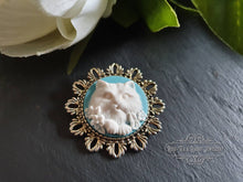 Load image into Gallery viewer, Birds Egg Blue &amp; White Cameo Cat Brooch - Antiqued Round Silvertone Base - Medium Size - 4x4cm(1.57 Inch Diameter) - Kawaii - Modern Vintage
