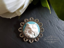 Load image into Gallery viewer, Birds Egg Blue &amp; White Cameo Cat Brooch - Antiqued Round Silvertone Base - Medium Size - 4x4cm(1.57 Inch Diameter) - Kawaii - Modern Vintage
