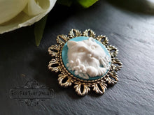 Load image into Gallery viewer, Birds Egg Blue &amp; White Cameo Cat Brooch - Antiqued Round Silvertone Base - Medium Size - 4x4cm(1.57 Inch Diameter) - Kawaii - Modern Vintage
