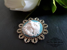 Load image into Gallery viewer, Birds Egg Blue &amp; White Cameo Cat Brooch - Antiqued Round Silvertone Base - Medium Size - 4x4cm(1.57 Inch Diameter) - Kawaii - Modern Vintage
