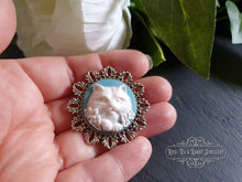 Load image into Gallery viewer, Birds Egg Blue &amp; White Cameo Cat Brooch - Antiqued Round Silvertone Base - Medium Size - 4x4cm(1.57 Inch Diameter) - Kawaii - Modern Vintage
