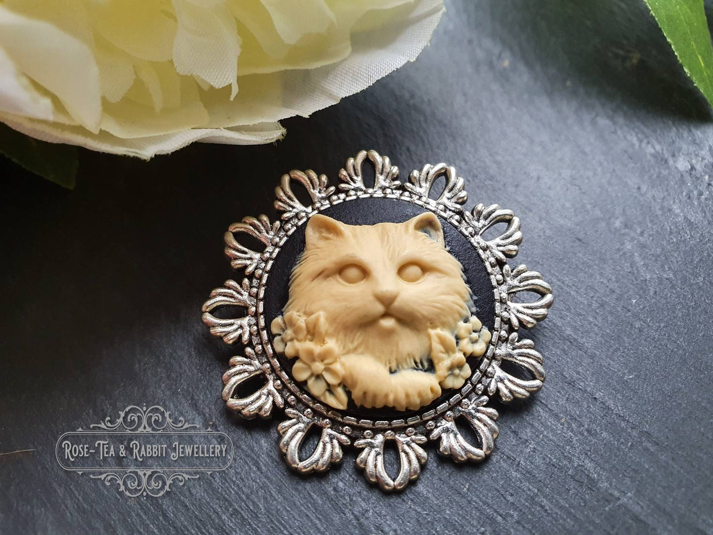 Cute Cameo Cat Brooch - Resin Brooch - Black/Ivory Tone - Antiqued Round Silvertone Base - Medium Size - 4x4cm(1.57 Inch Diameter) - Kawaii