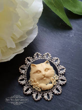 Load image into Gallery viewer, Cute Cameo Cat Brooch - Resin Brooch - Black/Ivory Tone - Antiqued Round Silvertone Base - Medium Size - 4x4cm(1.57 Inch Diameter) - Kawaii
