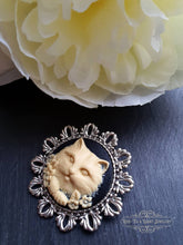 Load image into Gallery viewer, Cute Cameo Cat Brooch - Resin Brooch - Black/Ivory Tone - Antiqued Round Silvertone Base - Medium Size - 4x4cm(1.57 Inch Diameter) - Kawaii
