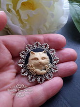 Load image into Gallery viewer, Cute Cameo Cat Brooch - Resin Brooch - Black/Ivory Tone - Antiqued Round Silvertone Base - Medium Size - 4x4cm(1.57 Inch Diameter) - Kawaii
