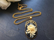 Load image into Gallery viewer, Floral Posy Cameo Necklace - Antiqued Goldtone Base - Deep Plated Gold Chain - Pendant 60mmx32mm (2.36x1.25 inches) - Optional Chain Lengths
