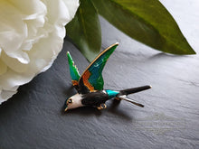 Load image into Gallery viewer, Hand Enamelled Bird Brooch - Dark Brown, Teal, Green and Gold Colourway - Goldtone Base - 5.5x6cm
