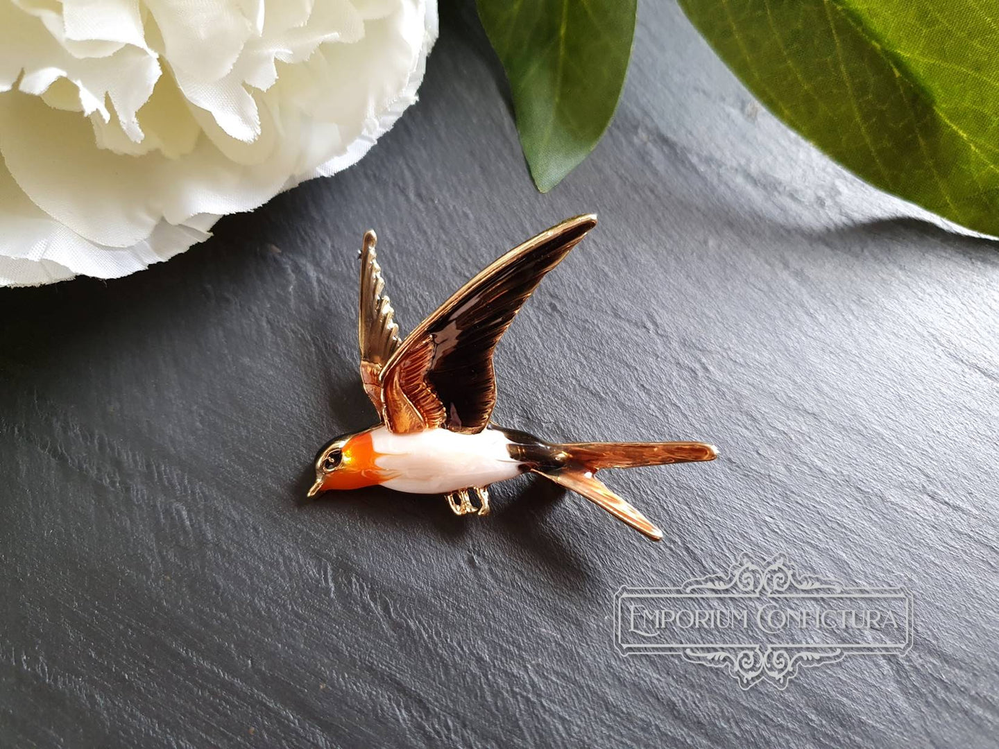 Hand Enamelled Bird Brooch - Dark Brown, Cream, Orange and Gold Colourway - Goldtone Base - 5.5x6cm