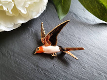 Load image into Gallery viewer, Hand Enamelled Bird Brooch - Dark Brown, Cream, Orange and Gold Colourway - Goldtone Base - 5.5x6cm
