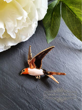 Load image into Gallery viewer, Hand Enamelled Bird Brooch - Dark Brown, Cream, Orange and Gold Colourway - Goldtone Base - 5.5x6cm
