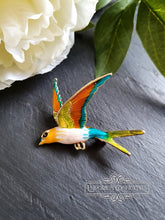 Load image into Gallery viewer, Hand Enamelled Bird Brooch -Teal, Cream, Lemon Yellow, Orange and Gold Colourway - Goldtone Base - 5.5x6cm
