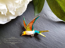 Load image into Gallery viewer, Hand Enamelled Bird Brooch -Teal, Cream, Lemon Yellow, Orange and Gold Colourway - Goldtone Base - 5.5x6cm
