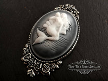 Load image into Gallery viewer, Classical Mermaid Brooch, White/Black Background, Silvertone Base,  Modern-Vintage, 5.9x3.2cm(2.32x1.25 Inches), Lovely Floral Detail
