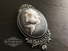 Load image into Gallery viewer, Classical Mermaid Brooch, White/Black Background, Silvertone Base,  Modern-Vintage, 5.9x3.2cm(2.32x1.25 Inches), Lovely Floral Detail
