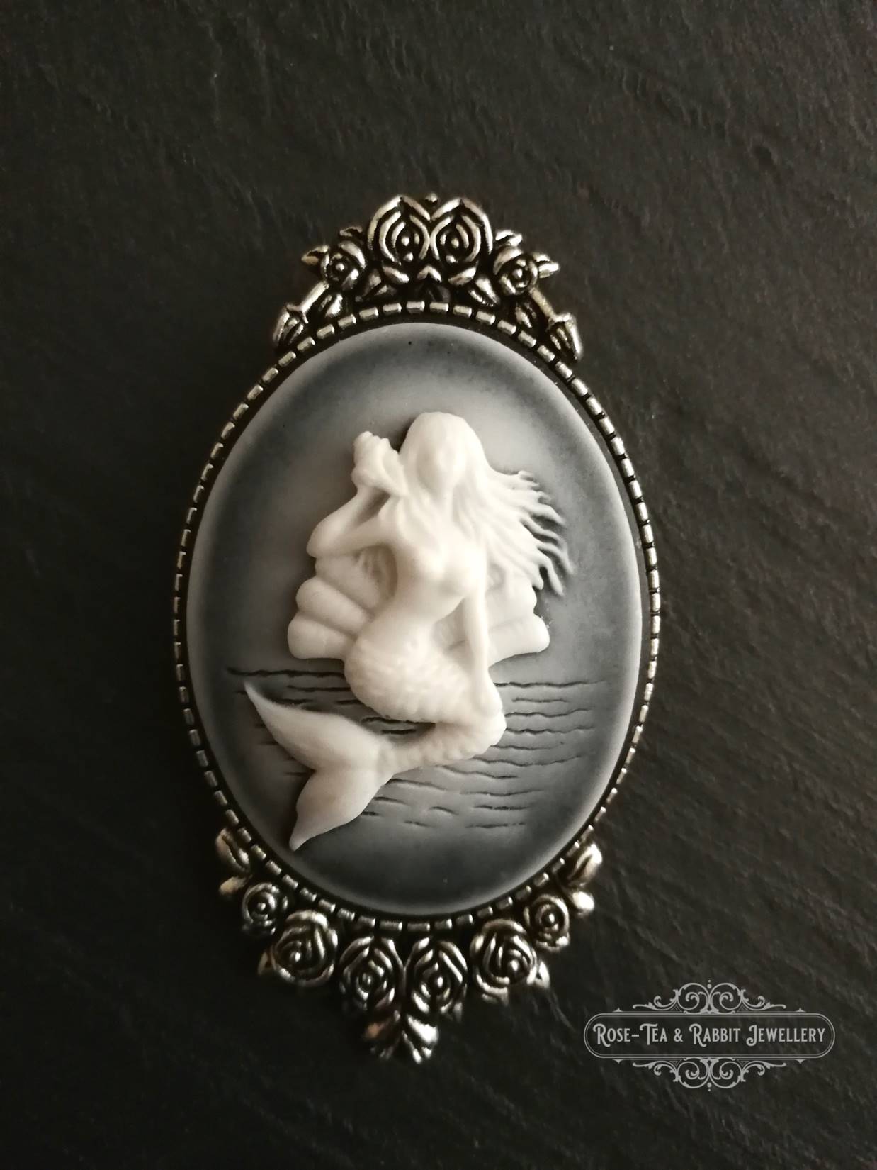 Classical Mermaid Brooch, White/Black Background, Silvertone Base,  Modern-Vintage, 5.9x3.2cm(2.32x1.25 Inches), Lovely Floral Detail