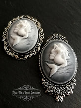 Load image into Gallery viewer, Classical Mermaid Brooch, White/Black Background, Silvertone Base,  Modern-Vintage, 5.9x3.2cm(2.32x1.25 Inches), Lovely Floral Detail
