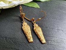 Load image into Gallery viewer, Egyptian Earrings, Drop | Dangle, Sarcophagus Charm, Raw Brass Goldtone Finish, Lever Back Closure, Drop Length: 4.5cm( 45mm/1.77 Inches)
